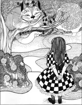Иллюстрация Алиса и Чеширский кот в стиле книжная графика |