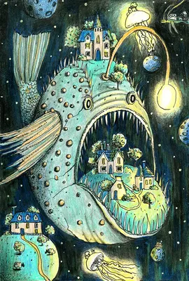 Иллюстрация Чудо-юдо рыба кит в стиле книжная графика |