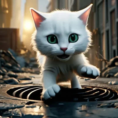 Белый мультяшный кот выпрыгивает из …» — создано в Шедевруме