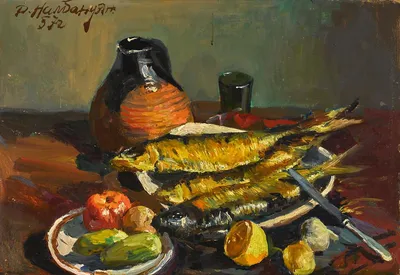 Купить картину Натюрморт с рыбой на листьях в Москве от художника Беликов  Василий
