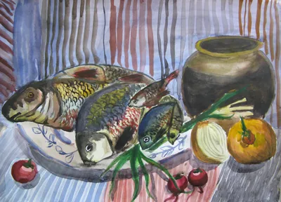 Натюрморт с сушеной рыбой на фоне цветного одеяла. Купить работы автора –  Бешкинская Лариса Павловна