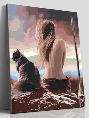 Гиф анимация Ведьма с черным котом сидит возле озера, by sima