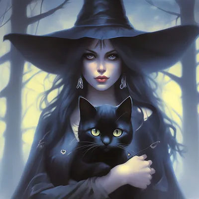 Фиолетовая ведьма с чёрным котом …» — создано в Шедевруме